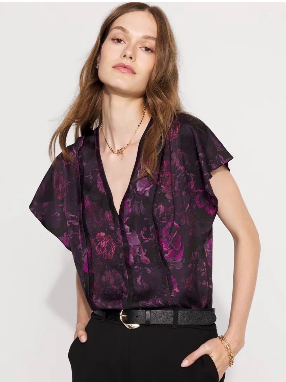 Like New! WHBM Flutter Sleeve Satin Shell Top in Drama Flower Black (L)